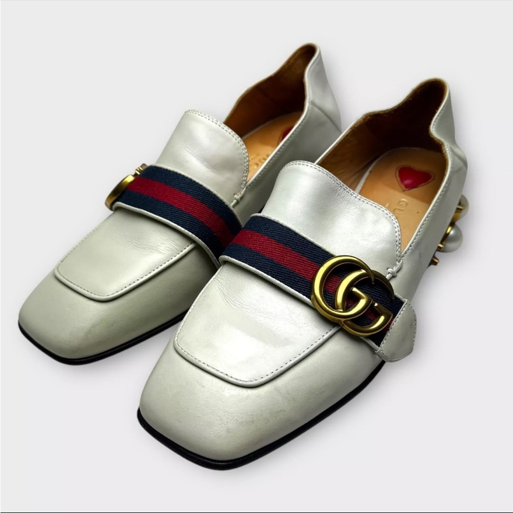 Gucci Ivory Leather Pearl Heel GG Marmont Loafers Shoes Women 36 US Size 6